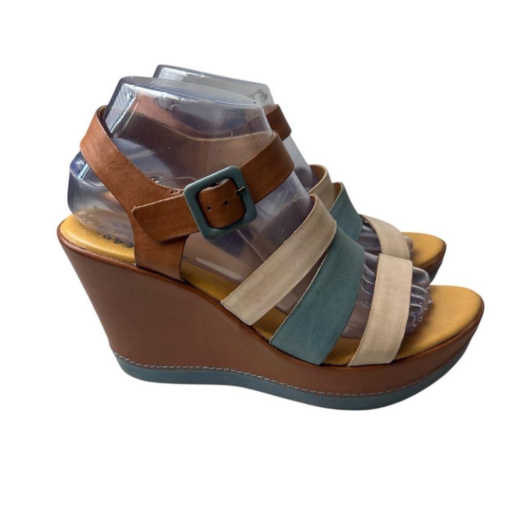 Kork-Ease Size 8 Emily Leather Platform Blue/Tan Wedge Heel Sandals